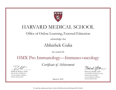 Received Certificate of Achievement in Immuno-Oncology from Harvard Medical School, US